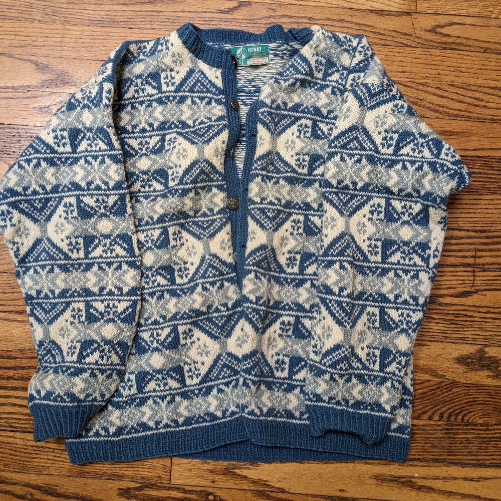 Winter Sweater, 100% Wool from Norway, Blue and Cream Pattern, Hand Knitted
